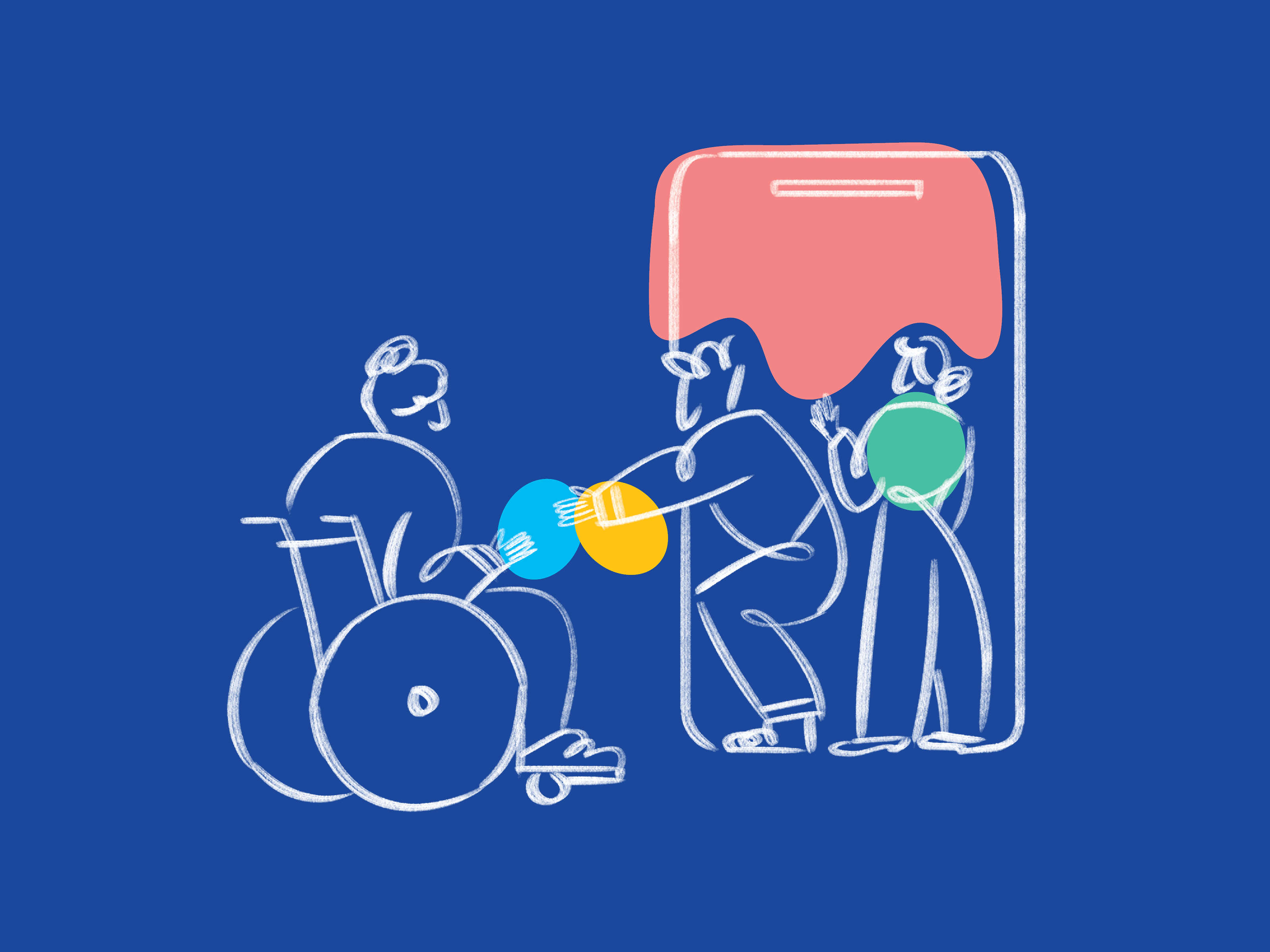 Sketch of 2 person emerging from handphone screen to help someone in a wheelchair